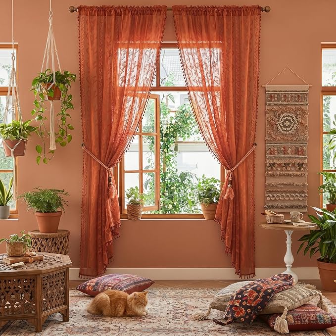 WAZZIO Boho Lace Curtains 90 Inch 2 Panels-Vintage Sheer Panel Drape Floral Pattern & Tassel Light Filtering Privacy for Bedroom Dining Living Room,Cottage Earthy Full Decor Terracotta,W52 x 90L