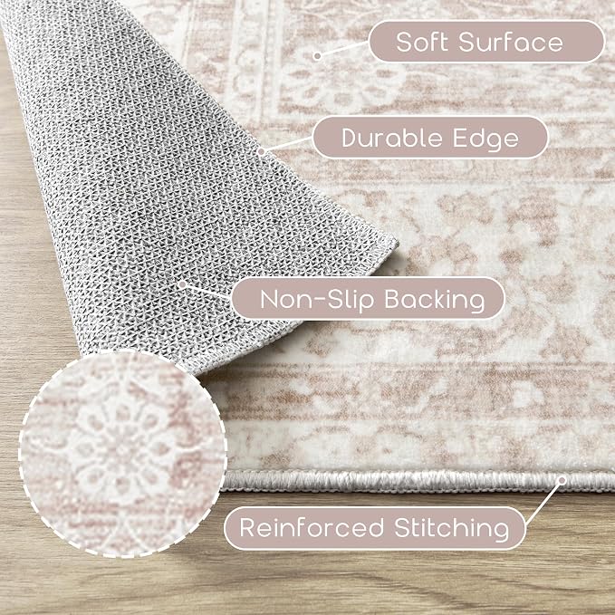 BILEEHOME Light Pink Nursery Rug for Baby Girl Neutral Blush Pink Boho Floral Pattern Carpet 5 x 8 Washable Non Slip Low Pile Soft Surface Area Rugs for Living Room Bedroom Playroom,5x8