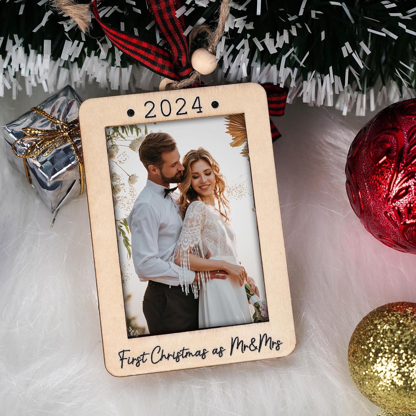 Christmas Photo Frame Ornament, 2025 Ornament, Wooden Picture Frame Ornaments With Hanging String (First Christmas As Mr & Mrs (Portrait))