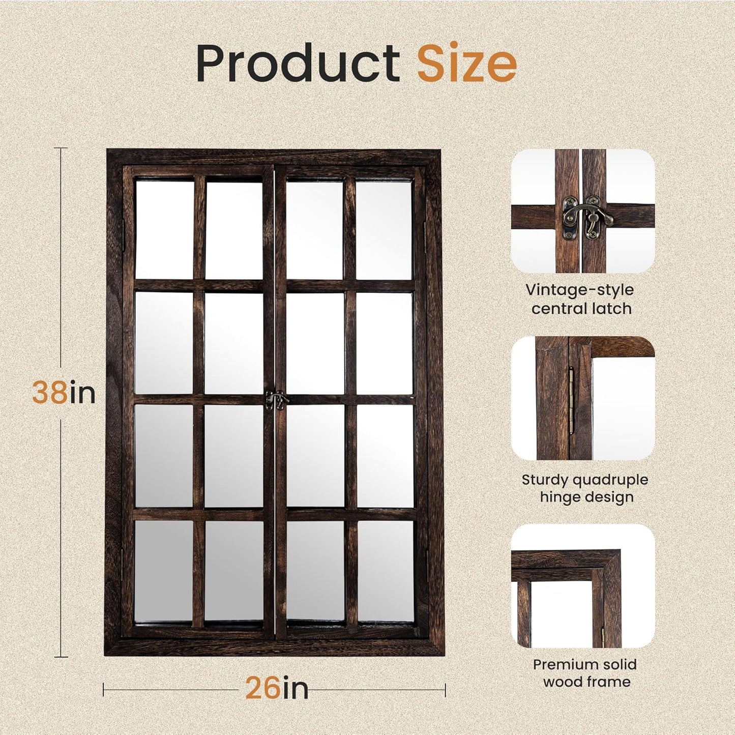 Wall Mirror with Window Design, 38"x26" Rustic Farmhouse Wood Mirror for Wall Decor, Decorative Vintage Mirror for Living Room, Bedroom, Entryway