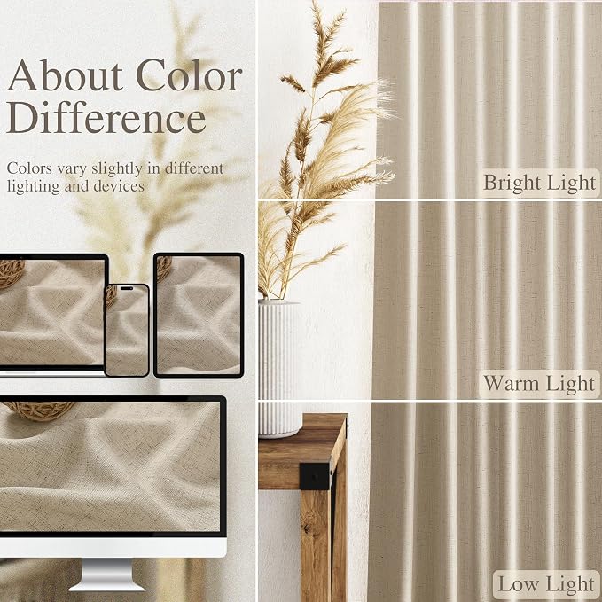 Nanspring Taupe Burlywood Curtains 96 Inches Long for Living Room Flax Linen Light Filtering Country Farmhouse Decor Curtains Back Tab Privacy Semi Sheer Curtain for Bedroom 52x96, 2 Panels