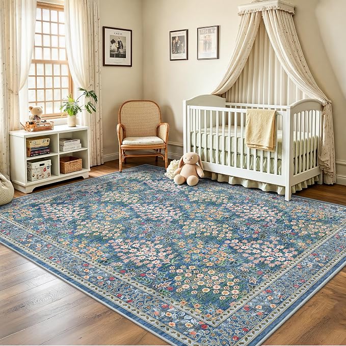 6x9 Area Rugs, Washable Floral Area Rugs for Living Room, Indoor Area Rug for Bedroom, Dining Room, Low Pile Non-Slip Non Shedding Rug(Blue Floral)