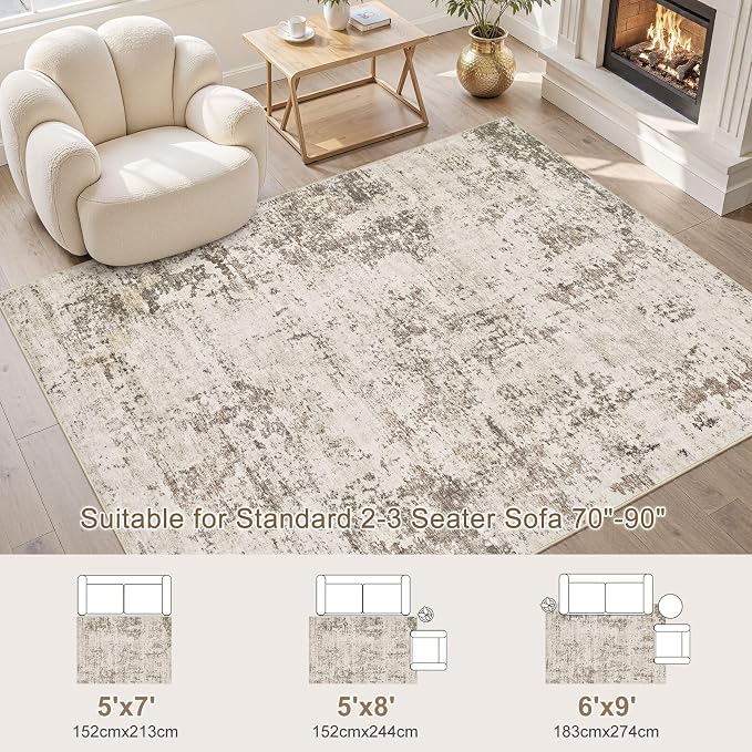 UERMEI 5x7 Area Rug Living Room Rugs - Washable Neutral Modern Abstract Soft Thin Large Rug Indoor Floor No Slip Rug Carpet for Bedroom Under Dining Table Home Office Decor - Dark Brown