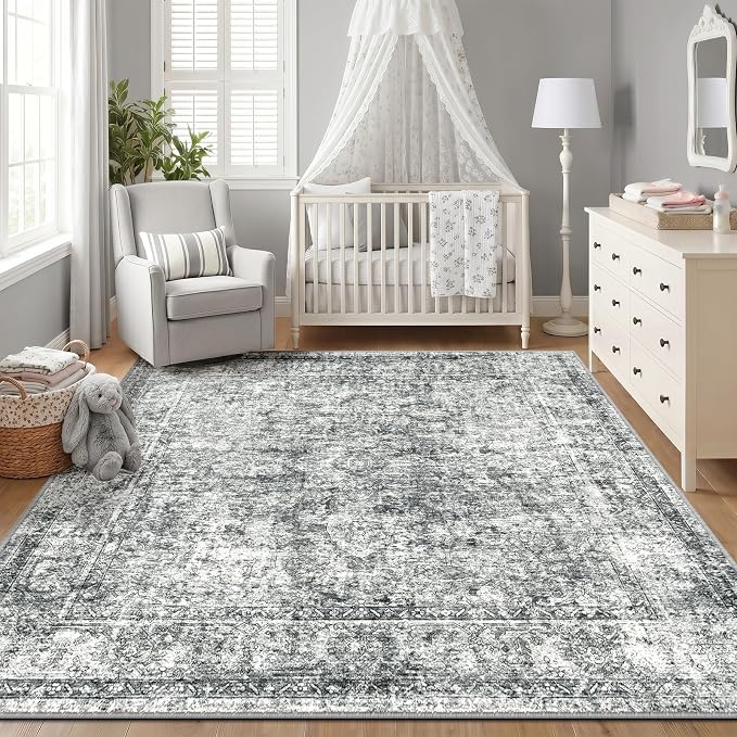 CAPALOCA Machine Washable Rugs Nursery Rug Sq8ft Cute Girl Non Slip Low Pile Water Repellent Soft Print Pattern for Bedroom Indoor Decor Kids Playroom Grey
