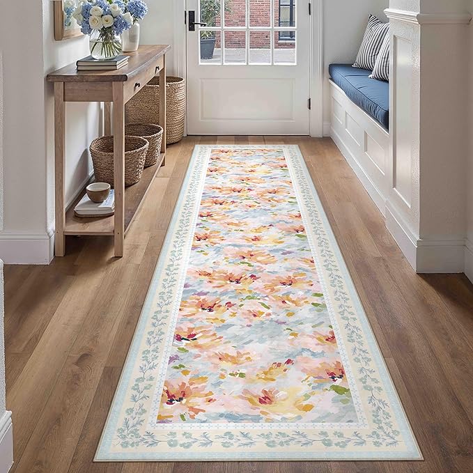 2x8 Washable Runner Rug Blue Floral Abstract Hallway Kitchen Throw Rug Modern Non Slip Soft Low Pile Carpet for Bathroom Laundry Bedroom Living Room