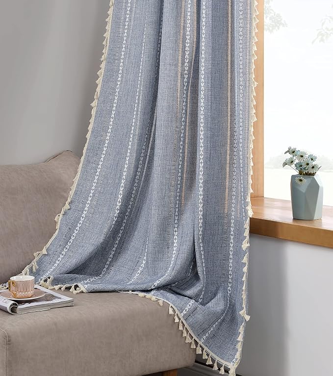 RoomTalks Boho Curtains for Bedroom Living Room 63 Inch Length Light Blue Country Farmhouse Cottage Window Curtain Panels Embroidery Striped Bohemian Tassel Draperies (63’’L x 52’’W, Blue)