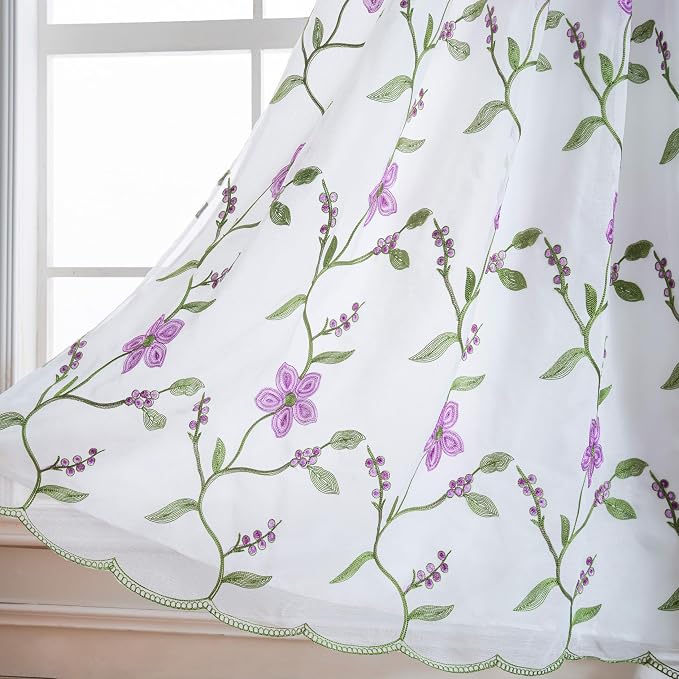Petrichor Embroidered Sheer Curtain 2 Panels Set - Luxury Window Curtain Attached Valance with Satin Backing and 2 Tie Backs for Living Room,Dining Room, 54x95 inches, Lavender