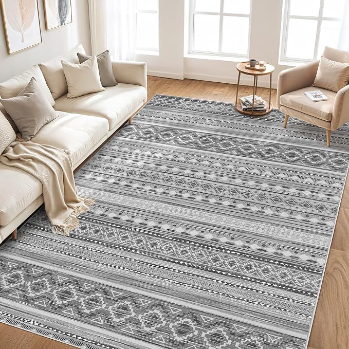 cotiled 9x12 Area Rugs Living Room Rug: Washable Boho Rugs with Non Slip Backing Large Soft Indoor Stain Resistant Carpet for Bedroom Farmhouse Dining Room Lightweight Home Decor Beige Grey