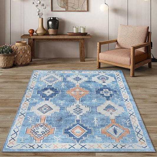 Blue Oushak Area Rug 5x7 - Washable Vintage Turkish Rugs for Living Room, Traditional Foldable Low Pile Floor Cover Carpet Floral Pastel Area Rugs, Dining, Bedroom, Nursery, Kids Room, Kitchen