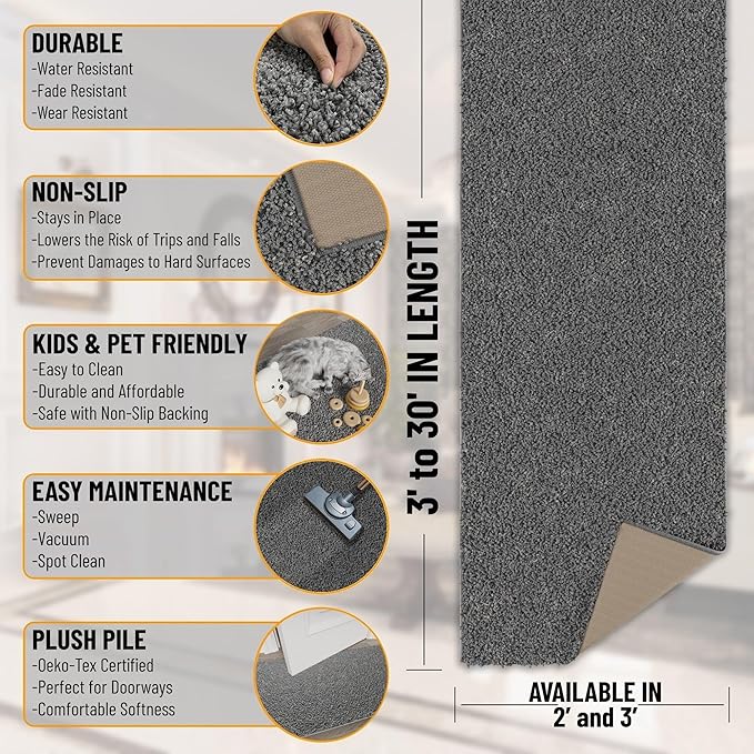 Ottomanson Long Shag Runner Rug 2' x 24', Fluffy Extra Long Hallway Runner with Non-Slip Rubber Backing, Soft Non-Shedding Rug for Corridor, Entryway, Kitchen, Laundry, Gray