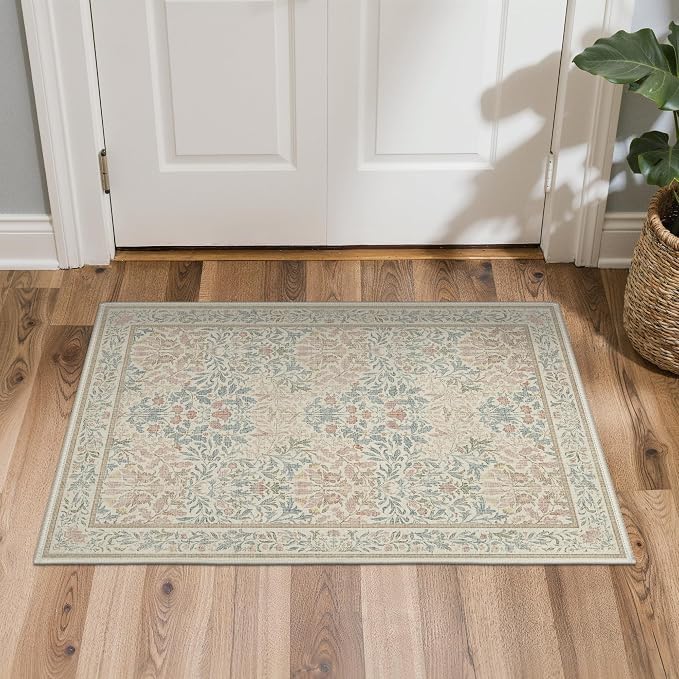 GENIMO 2x3 Washable Kitchen Rug, Non Slip Indoor Door Mat, Beige Pink | Vintage Boho Floral Low Pile Entryway Mat for Bathroom, Front Door and Laundry Room