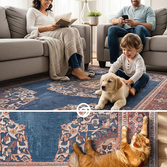 Navy Blue Brick Oushak Large Area Rug 8x10 - Washable Boho Rug Vintage Turkish Non-Slip Carpet Non-Shedding Extra Large Area Rugs for Living Room, Dining, Bedroom, Lounge, Farmhouse