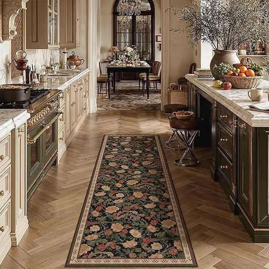 HUGEAR Retro 2x6 Runner Rugs Washable Hallway Rug Vintage Floral Throw Carpet Black Brown Stain Resistant Non Slip Low Pile for Home Aesthetic Modern Decor
