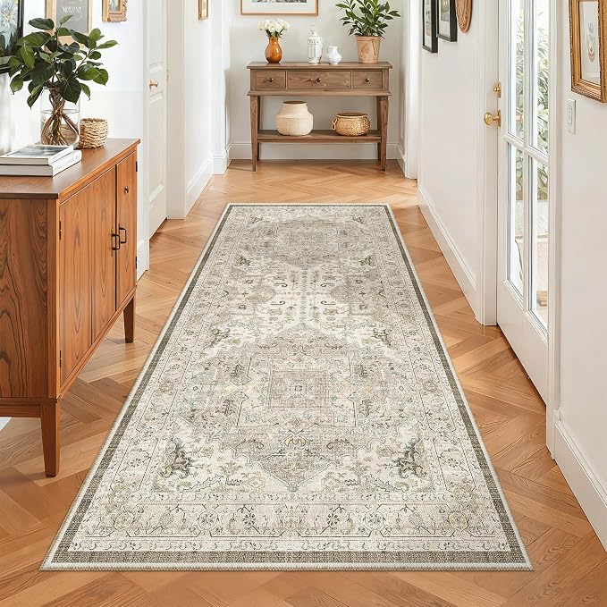 Madane Washable Runner Rug 3x6 Runners for Hallways Non Slip, Ivory/Brown | Vintage Stain-Resistant 6 Feet Kitchen Rug, Soft Low-Pile Ultra-Thin Floor Carpet Mat for Bathroom Laundry Room Bedroom 2x6ft