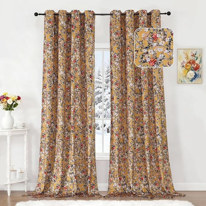 Estelar Textiler Mustard Yellow Velvet Blackout Curtains for Bedroom 84 Inches Long, Boho Floral Printed Thermal Insulated Room Darkening Grommet Drapes for Living Room/Farmhouse, 52Wx84L, 2 Panels