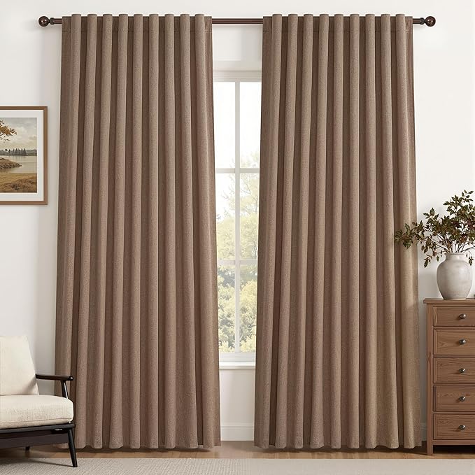 Rust Brown Blackout Curtains 60 Inches Extra Wide Linen 90 Inch Length for Living Room,Pleated Farmhouse Bedroom Chocolate Thermal Drapes for Winter Thick Large Window Energy (60"W x 90"L 2 Panels)