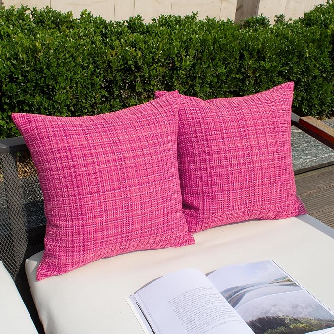 Kevin Textile Pack of 2 Decorative Outdoor Waterproof Pillow Covers Garden Cushion Sham Throw Pillowcase Shell for Patio Tent Couch 16x16 Inch Hot Pink