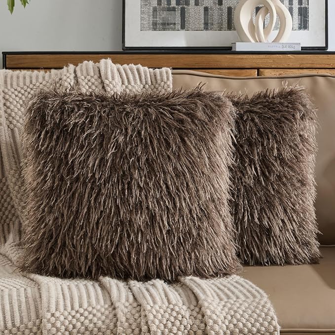 FUTEI Pack of 2 Shaggy Mongolian Faux Wool Throw Pillow Covers 18x18 Inch Soft Fluffy Farmhouse Decorative Cushion Case for Couch Bed Living Room, Dark Coffee
