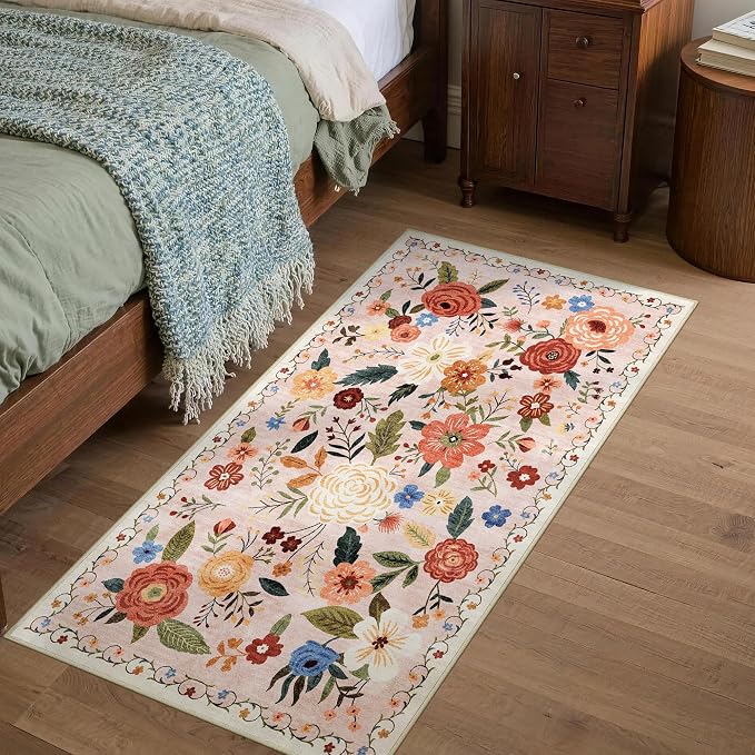 2x4 Washable Runner Rug Kitchen Hallway Area Rug Vintage Boho Floral Ultra Non-Slip Low Pile Soft Faux Wool Carpet Kids and Pets Friendly for Bathroom Bedroom Entryway Nursery Home Rug Beige Pink