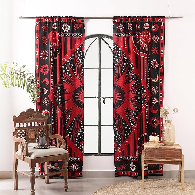 Popular Handicrafts Red Burning Sun Hippie Mandala Curtains 83 Inch Length for Living Room Bedroom 2 Panels Set Light Filtering Semi Sheer Window Curtains 76 Inch Width Boho Farmhouse Drapes W76xL83