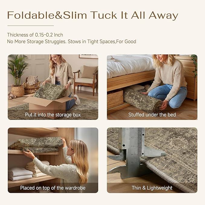 8x10 Washable Area Rug for Living Room Bedroom Brown Vintage Large Distressed Rustic Low Pile Carpet Non-Slip Soft Throw Rug for Indoor Dining Room