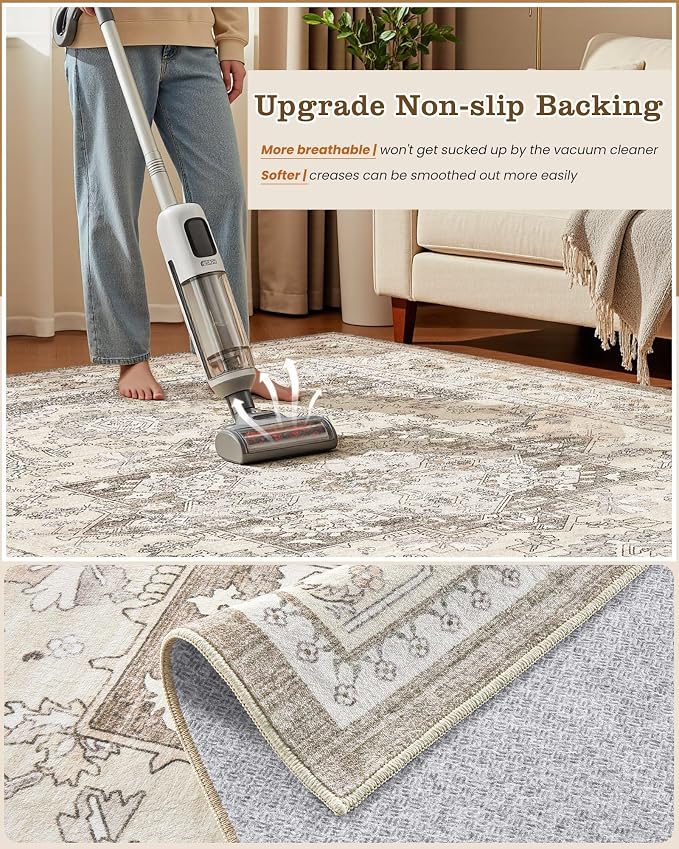8ft Round Area Rug: Washable Vintage Neutral Soft Non Slip Thin Large Floor Carpet for Living Room Bedroom Kitchen Dining Room Home Office Farmhouse Indoor - Brown