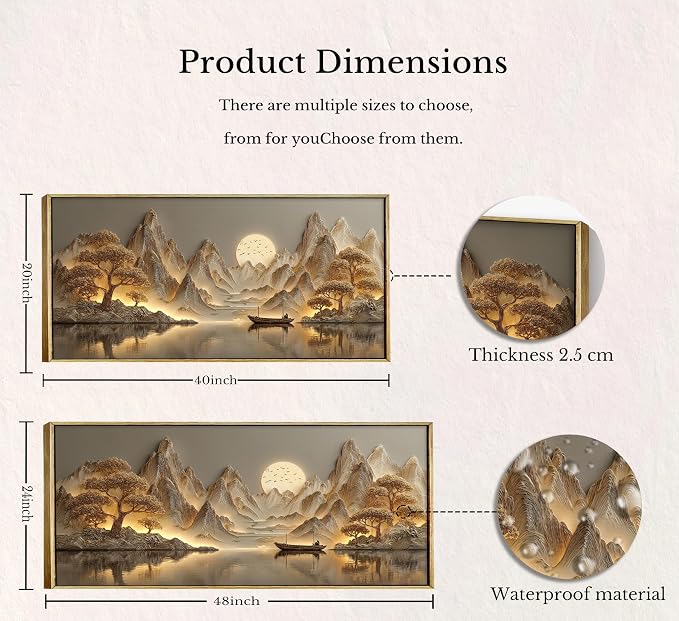 Framed 3D Texture Large Landscape Sunrises Sunset Canvas Wall Art Abstract Mountains Lake Tree Painting Picture Wall Decor Modern Nature Scenery Poster Print Artwork for Living Room Office