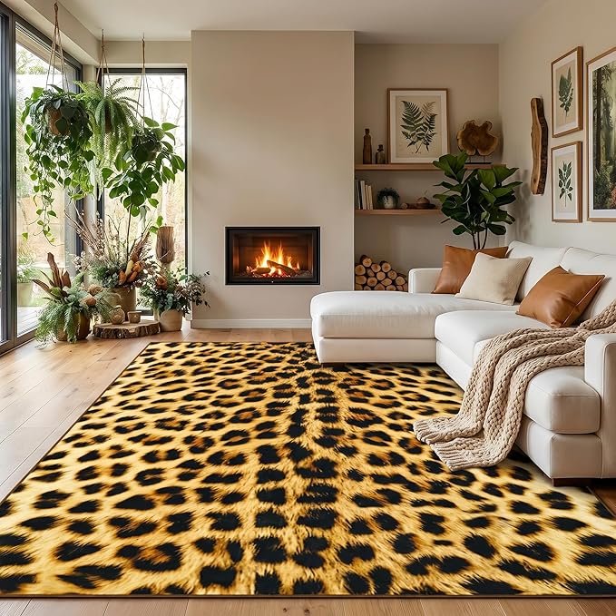 Soft Leopard Rug 6x9 Ft, Animal Print Rugs for Living Room Bedroom, Non-Slip TPR Backing for Hardwood Floors, Machine Washable & Easy to Clean, Pet Friendly Carpet for Kids, Yellow, Black