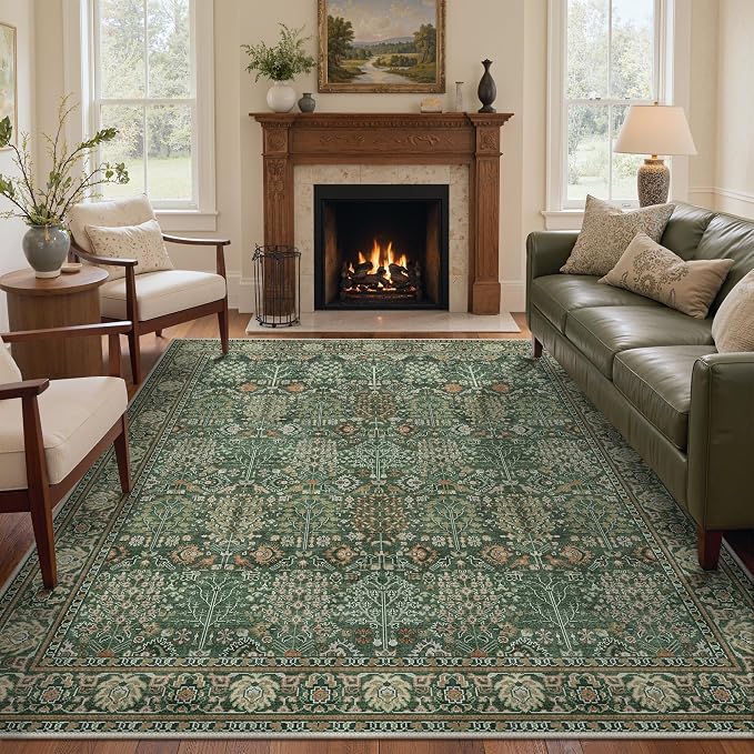 Bavni Washable Rugs 10x14 Machine Washable Rug Lightweight Low Pile, Vintage Floral Rug Non-Shedding Distressed Throw Carpet for Living Room Bedroom Office, Forest Green