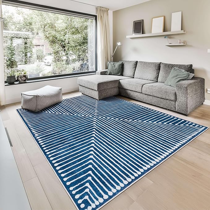 GLN Rugs Contemporary Collection - Machine Washable Area Rug, Contemporary Washable, Non Slip, Low Pile Chenille Rug, Living Room, Bedroom, Kitchen Rug (6' x 9' Lines Blue)