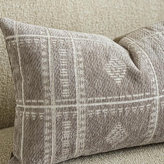 BlissBlush Decorative Lumbar Pillow Covers 12x20 Set of 2, Boho Taupe Chenille Accent Rectangular Throw Pillow Covers for Couch Sofa Living Room Home Décor (Cover Only)