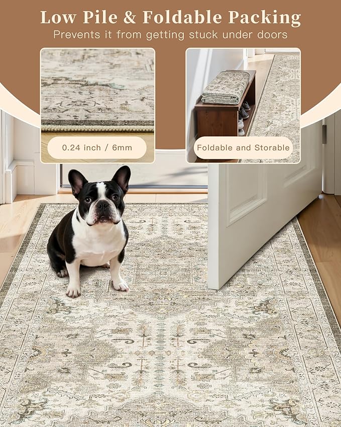 Madane Washable Runner Rug 2x6 Runners for Hallways Non Slip, Ivory/Brown | Vintage Stain-Resistant 6 Feet Kitchen Rug, Soft Low-Pile Ultra-Thin Floor Carpet Mat for Bathroom Laundry Room Bedroom 2x6ft