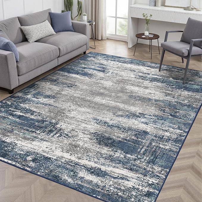 GENIMO 4x6 Area Rugs for Living Room, Non Slip Machine Washable Modern Indoor Rug, Low Pile Lightweight Blue Print Rug for Bedroom Dining Room Home Office, Blue Ivory