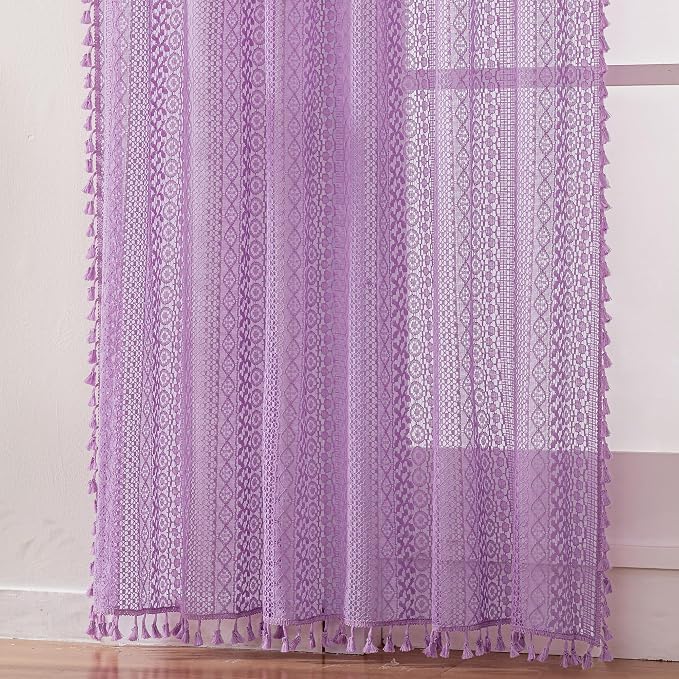 WAZZIO Boho Lace Curtains 84 Inches 2 Panel,Light Filtering Privacy Tassel & Geometry Crochet Semi Sheer Curtain Drapes for Bedroom Living Dining Room,Rod Pocket & Tassel,Lavender Purple