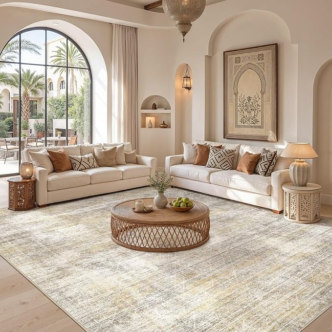cotiled Washable Area Rugs 10x12 Living Room | Non Slip Backing, Stain Resistant, Pet Friendly, Large Neutral Soft Indoor Carpet For Bedroom, Nursery, Office, Gold/Brown