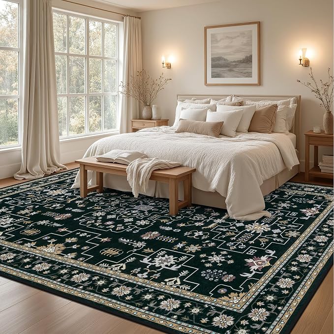 Area Rugs 10x12 Living Room Rug: Washable Rug Soft Vintage Boho Medallion Carpet Indoor Floor Non-Slip Stain Resistant Large Carpets for Bedroom Dining Room Farmhouse Nursery Home Office Black
