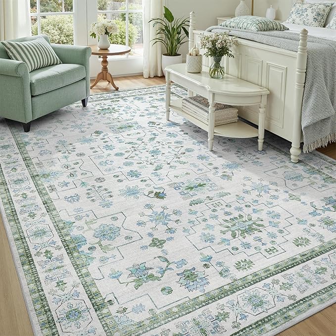 DCX Green 9x12 Rug, Kid & Pet Friendly with Rubber Back Non Slip, Machine Washable Stain Resistant Vintage Boho Floral Rug for Living Room, Bedroom, Soft Low Pile Large Nursery Carpet