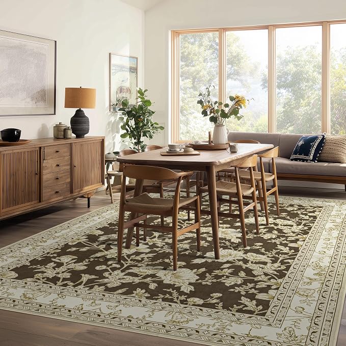 Browm Floral 8x10 Area Rugs for Living Room, Cream Beige Taupe Sketch Pattern Bedroom Rug Boho Low Pile Dining Room Washable Carpet 8x10, Vintage Soft Indoor Non-Slip Floor Covering Nursery Playroom