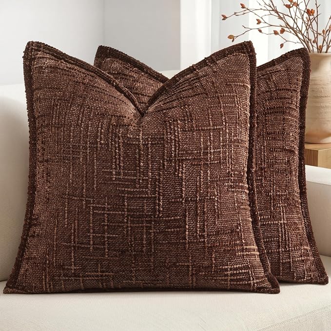 MIULEE Slubby Textured Decorative Throw Pillow Covers 20x20 Inch Set of 2 Boho Farmhouse Soft Cozy Chenille Pillows Cushion Cases Modern Fall Home Decor for Couch Sofa Bed Living Room, Brown