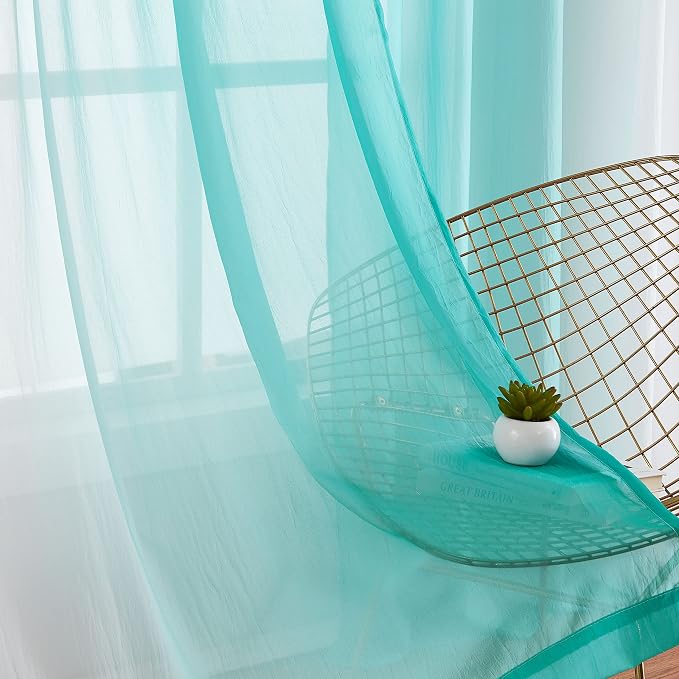 Teal Ombre Chiffon Sheer Curtains for Living Room Gradient Crinkle Semi Voile Curtain Panels for Bedroom Light Filtering Window Drapes for Office, Patio, Holiday Decor, Rod Pocket, 52"Wx95"L, 2 Pcs