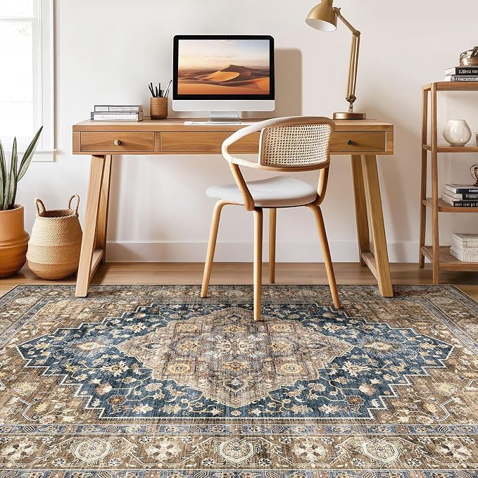 6x8 Area Rug Living Room: Washable Boho Large Neutral Vintage Soft Rugs Stain Resistant Farmhouse Non-Slip Indoor Floor Carpet for Bedroom Nursery Kids Office Dining Room Playroom- Yellow Blue