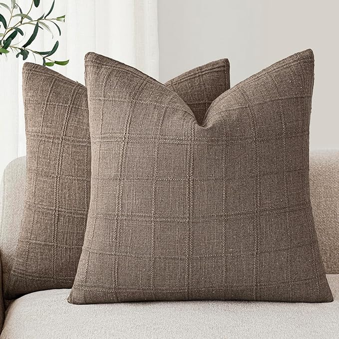 Foindtower Set of 2 Decorative Linen Check Throw Pillow Covers Neutral Farmhouse Vintage Cushion Covers Modern Boho Home Decor for Sofa Chair Couch Bedroom Living Room,22×22 Inch,Taupe Grey