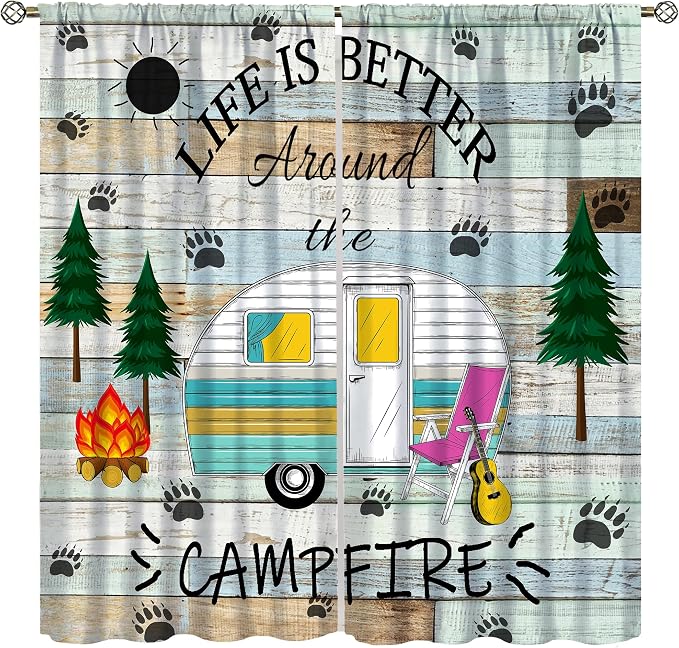 Camping Blackout Curtains Vintage Rustic Cabin Camping Drapes Farmhouse Style Camping Wooden Windows Treatments Rod Pocket Drapes for Kitchen Farm Living Room Bedroom 84x84in