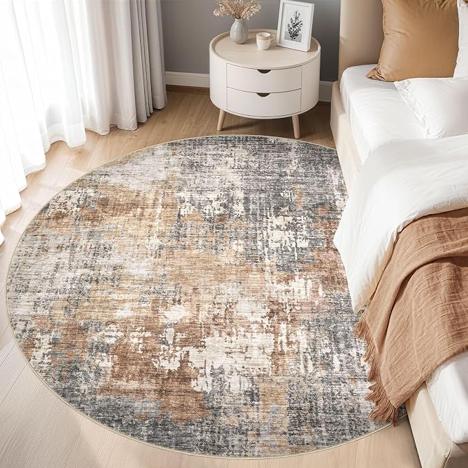 DMOYEST 8ft Round Area Rug Living Room Rugs - 8x8 Washable Large Soft Indoor Neutral Modern Abstract Low Pile Rug Carpet for Bedroom Dining Room Farmhouse Home Office - Grey Brown