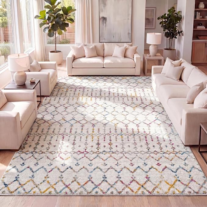 JONATHAN Y Boho Vintage Diamond Ivory/Multi Indoor Area Rug 4X6 ft, Moroccan Hype for Living Room, Bedroom, Kitchen, Office, Easy-Cleaning, High Traffic, Pet-Friendly, Non-Shedding (MOH101E-4)