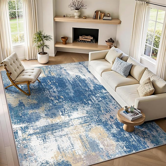 5x7 Rugs for Living Room - Modern Abstract Washable Rug, Ultra Soft Non Slip Low Pile Large Rugs, Floor Carpet for Bedroom Dining Room Office Laundry Nursery Home(Blue & Beige)