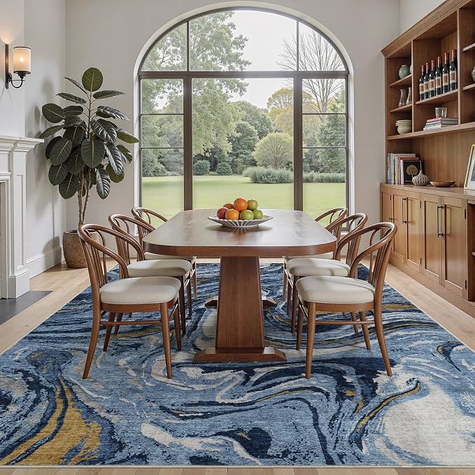 DMOYEST 10x14 Area Rug for Living Room - Washable Neutral Modern Abstract Rugs Soft Non-Slip Carpet Low Pile Indoor Floor Mat for Bedroom & Dining Room Decor for Families with Kids and Pet- Dark Blue