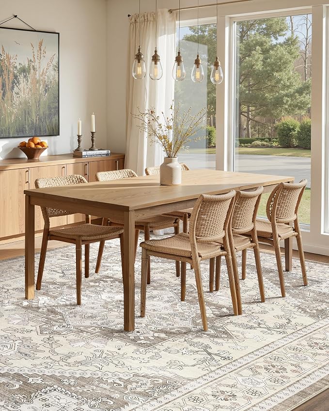 10x12 Vintage Area Rug: Washable Neutral Soft Non Slip Thin Large Floor Carpet for Living Room Bedroom Kitchen Dining Room Home Office Farmhouse Indoor - Brown