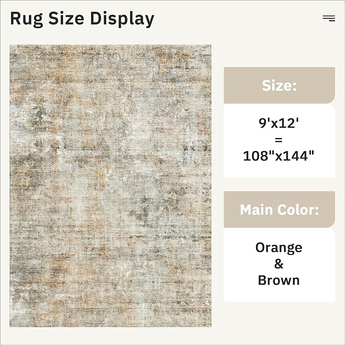 Soalmost 9x12 Area Rugs for Living Room, Non-Slip Machine Washable Vintage Rugs, Abstract Low Pile Lightweight Large Rug for Bedroom, Dining Room, Home Office Orange