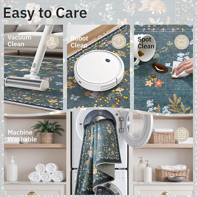 Soalmost Cat 3x5 Area Rugs for Entryway, Machine Washable Animal Floral Accent Rug Non-Slip Low Pile Soft Throw Rugs for Kitchen Bedside Living Room Bedroom Kids Room (3 x 5,Navy Blue)
